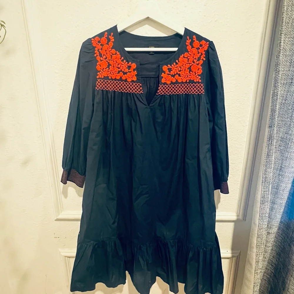 J. Crew Dark Blue Dress with Bright Orange Highlights
